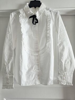 H&M White Ruffle Bib Button-Up Blouse with Black Ribbon